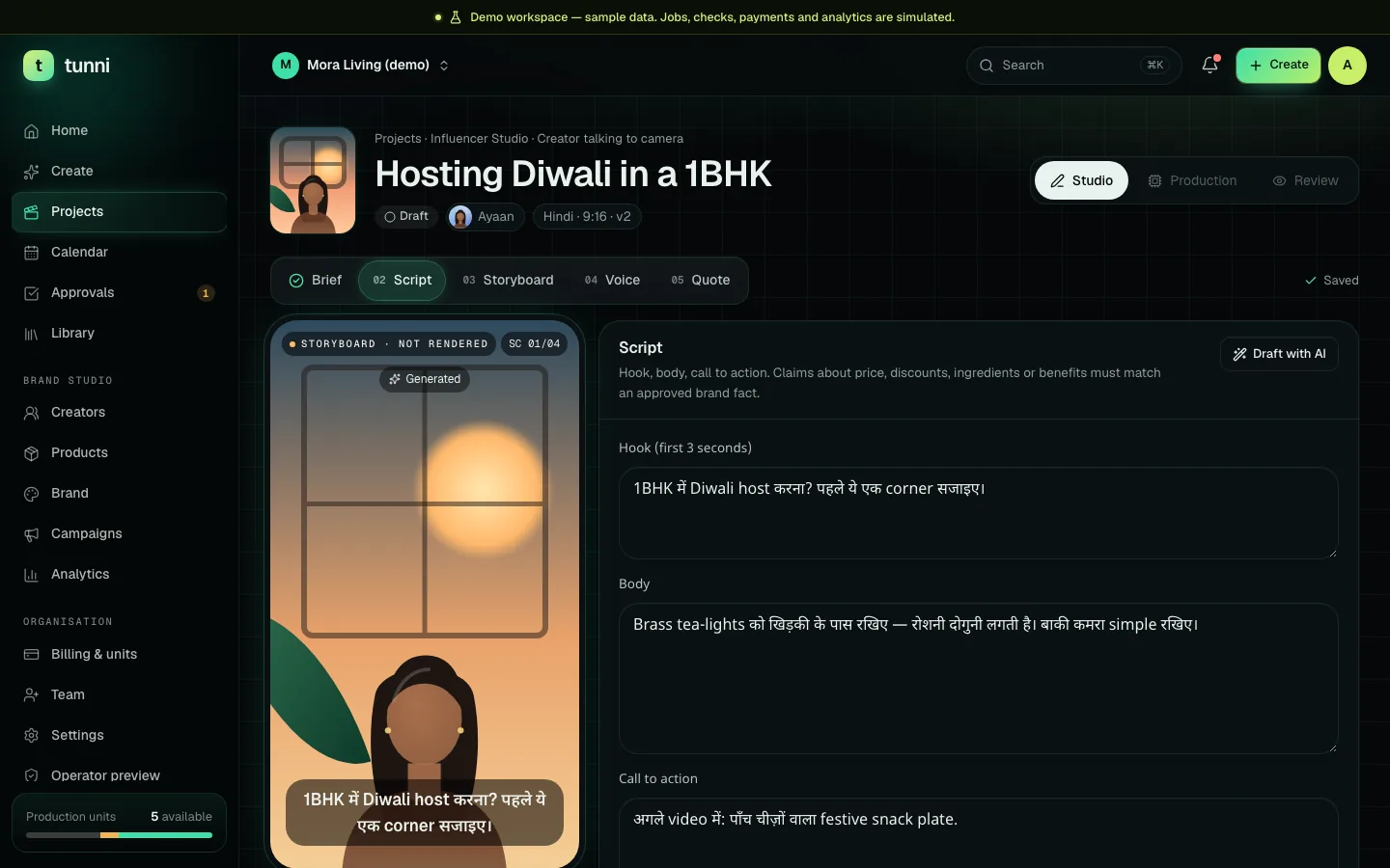 Tunni studio: script editor with Hindi lines beside a vertical storyboard preview and a live unit estimate
